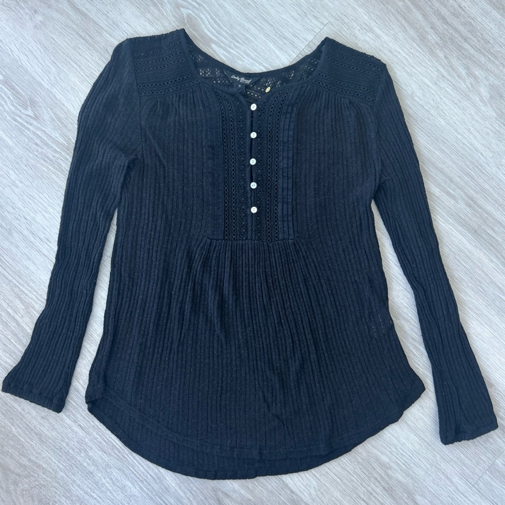 Lucky Brand Women’s S Black Lace Yoke Henley Top Cotton Long Sleeve